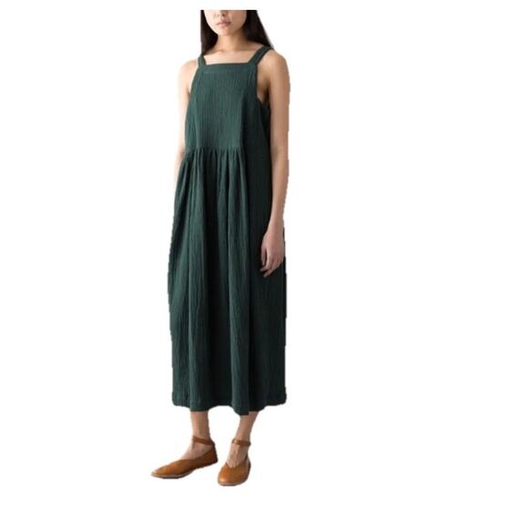 TOAST Crinkle Pinafore Apron Dress Womens 16 Hunter Green Pockets Double Knit - Picture 1 of 16